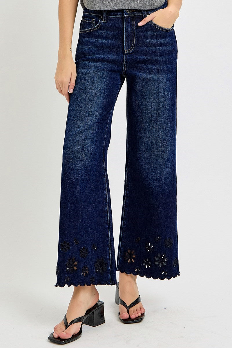 High Rise Crop Wide Cut Out Detail Jeans